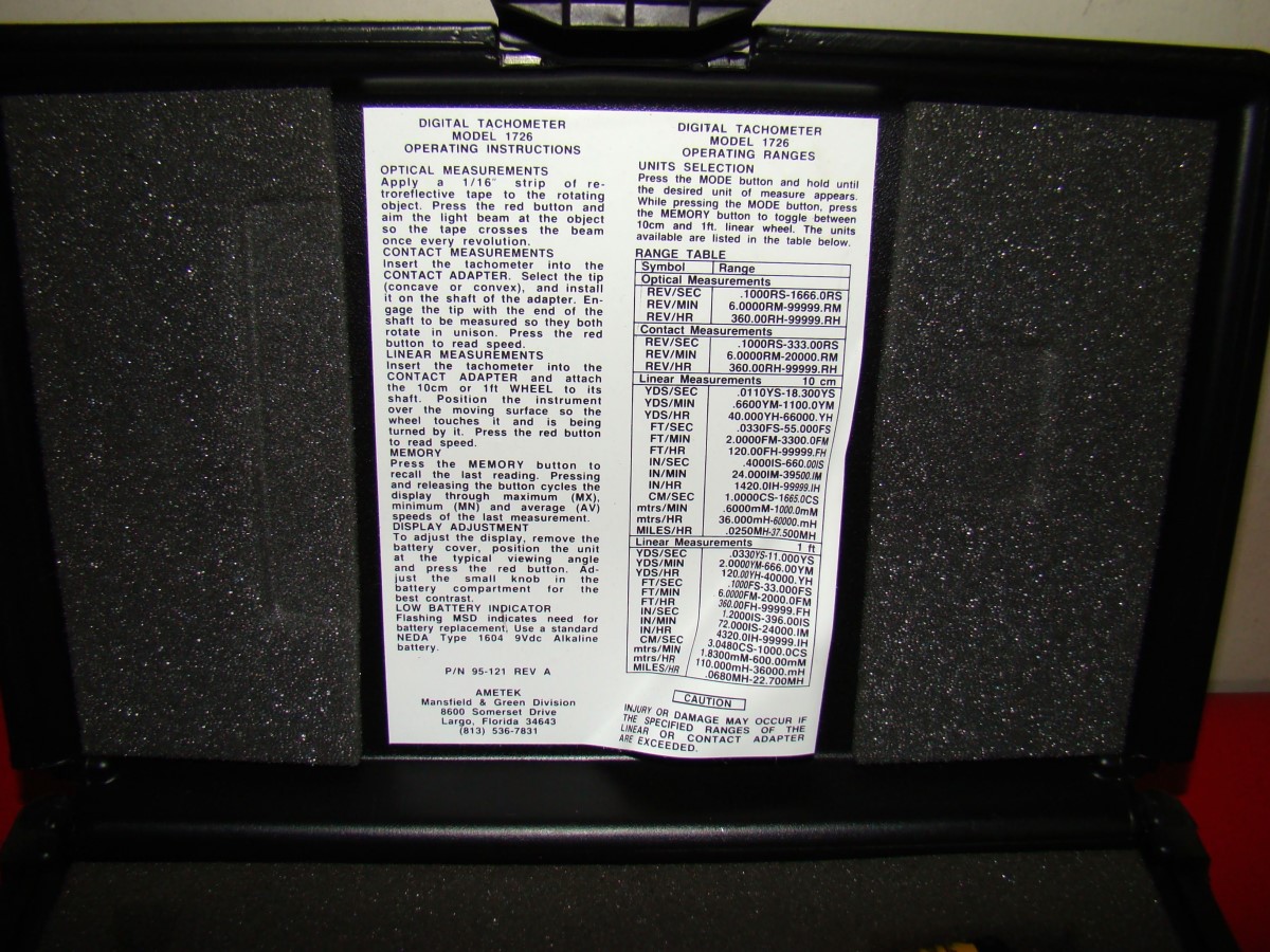 Ametek 1726 Dual Function Digital Tachometer RPM Contact Non-Contact