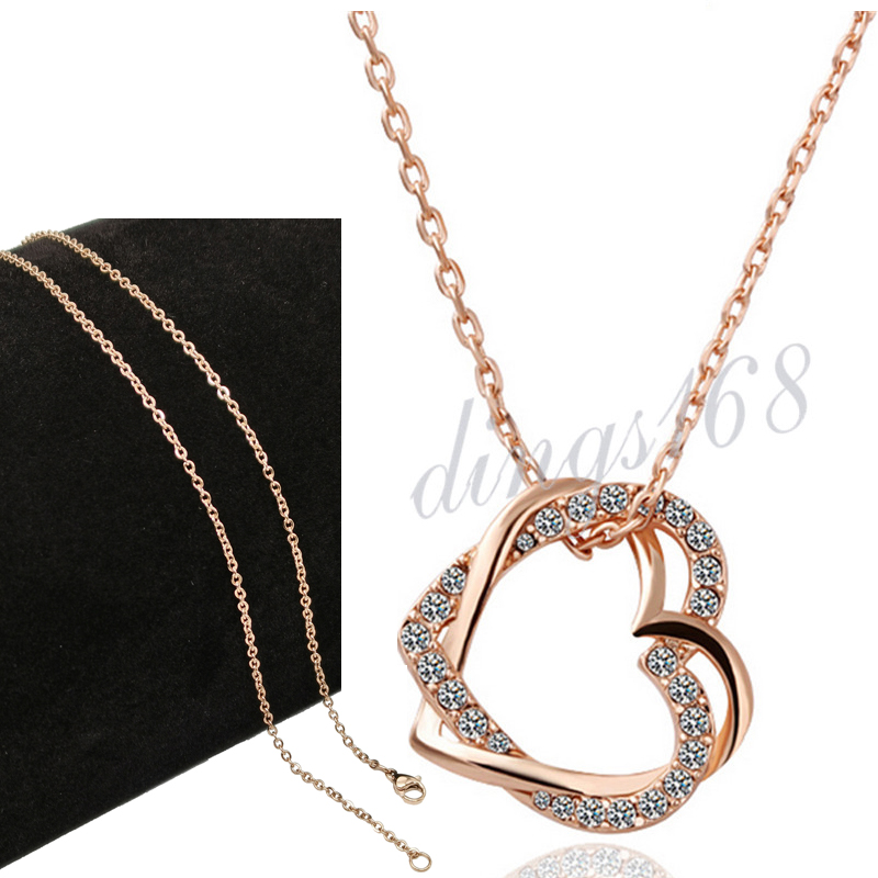 Necklace Set Men&Women's 18K Gold Filled Tarnish-Resist Crystal 2-Heart Pendant 