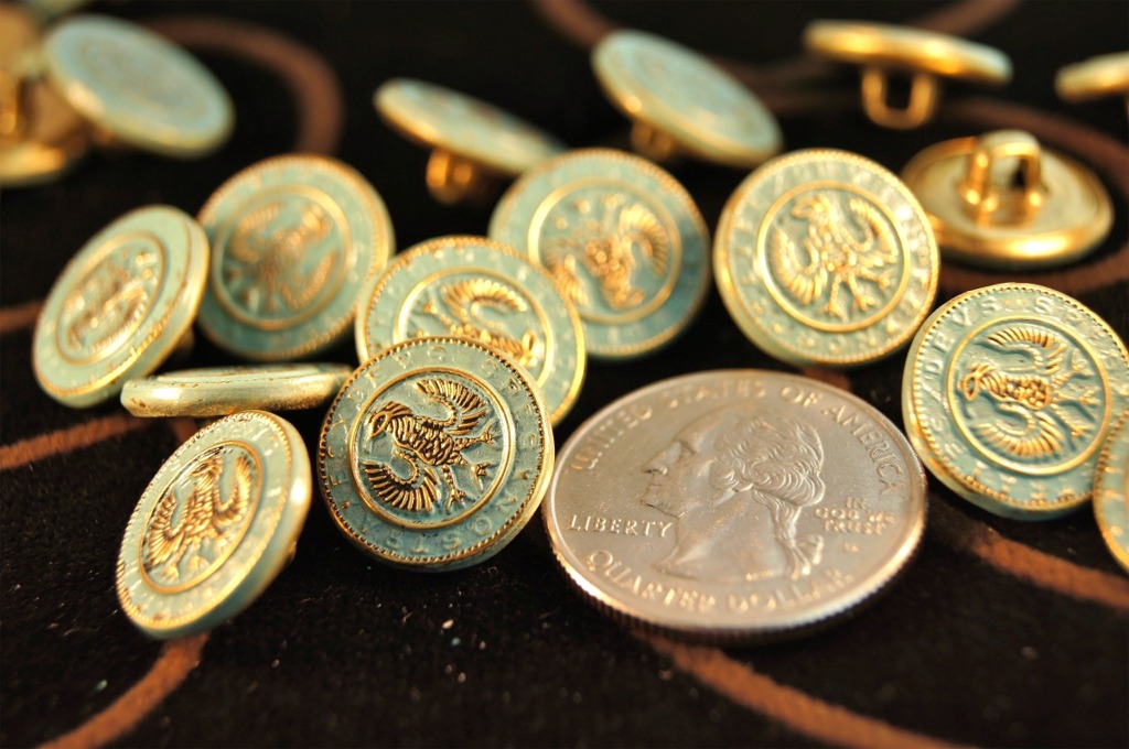 Vintage Teal Embossed Gold Metal Shank Buttons
