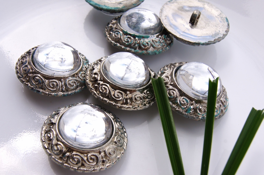 Vintage Glass Dome Silver Shank Coat Buttons