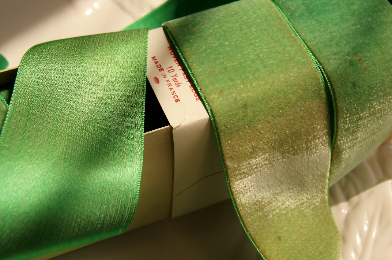French Satin Back Cotton Silk Velvet Ribbon Antique Green