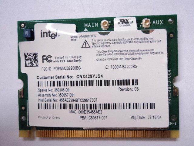 HP 359106-001 Intel PRO/Wireless WM3B2200BG Mini PCI Wireless Card 350057-001