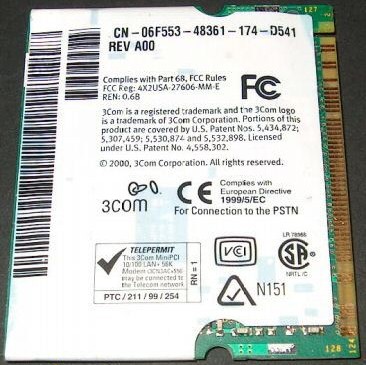 Dell 6F553 Mini-Pci 56K Modem & 10/100 Ethernet Combination Card
