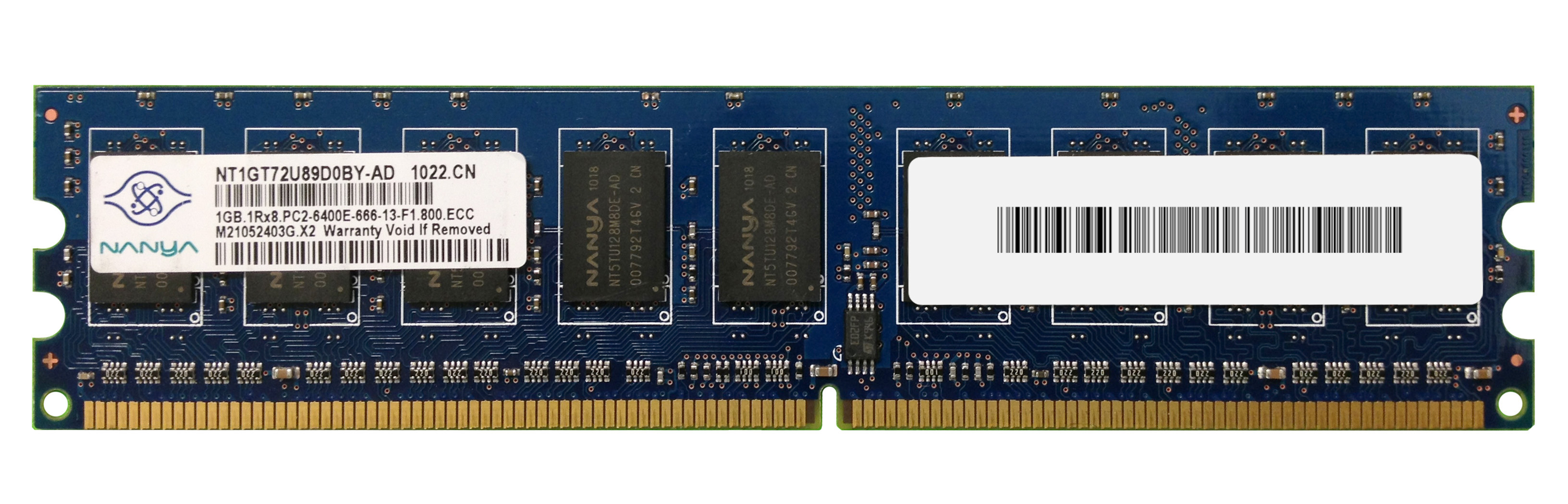 1GB PC2-6400 ECC: Nanya NT1GT72U89D0BY-AD - 1GB (1x1GB) 800Mhz PC2-6400E ECC 1.8V 240-Pin Server Ram Memory